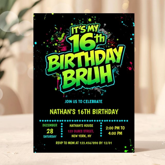 Boy Neon 16th Birthday Invitation Graffiti Style Inbjudningar (neon 16th birthday invitation, sixteen birthday invitation, editable 16th birthday invitation, neon )