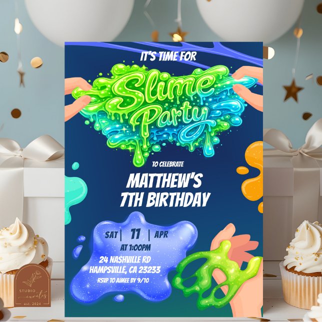 Boy Neon Blue Green Slime Birthday Invitation Inbjudningar (Skapare uppladdad)