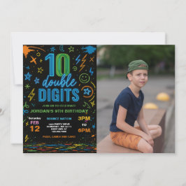 Boy Neon Dubbla Digits 10:e Födelsedagsfesten Phot Inbjudningar