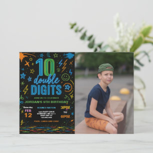 Boy Neon Dubbla Digits 10:e Födelsedagsfesten Phot Inbjudningar