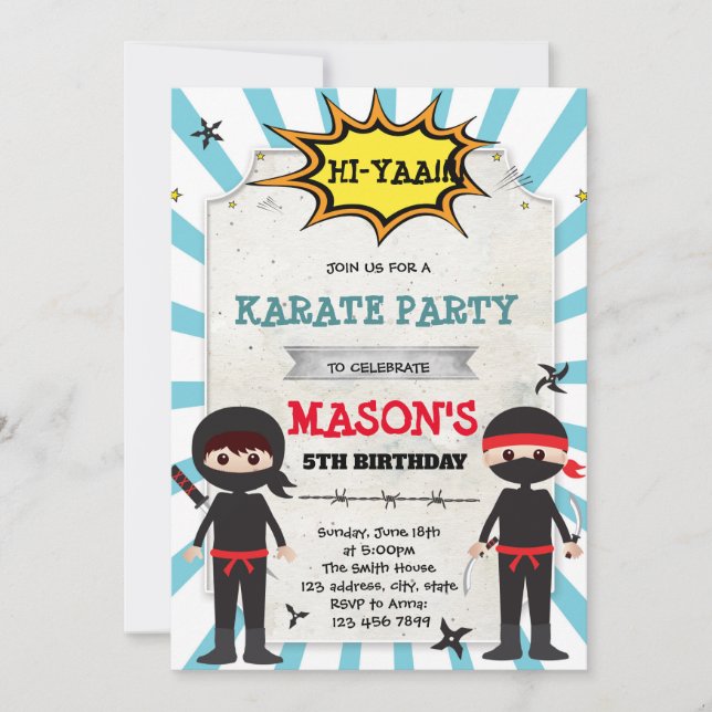 Boy ninja karate födelsedagsfest inbjudan (Framsida)