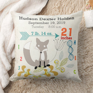 Boy Nursery Baby Birth Stat Fox Arrow Mönster Kudde