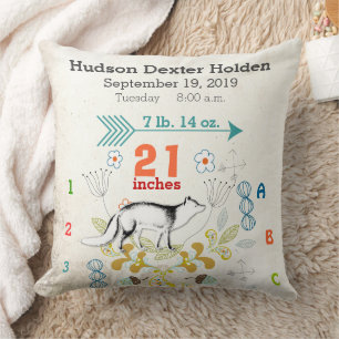 Boy Nursery Baby Birth Stat Fox Arrow Mönster Kudde