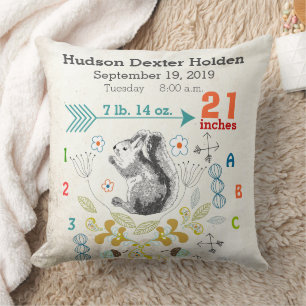 Boy Nursery Baby Birth Stat Squirrel Arrow Mönster Kudde