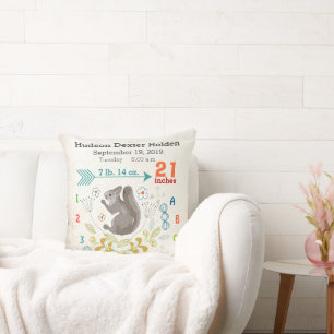 Boy Nursery Baby Birth Stat Squirrel Arrow Mönster Kudde