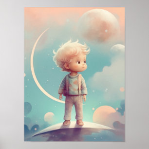 Boy Nursey Poster Little boy sova måne natttid