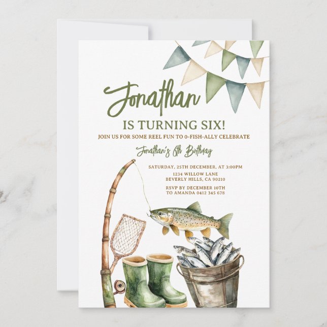 Boy O-Fish-Ally Birthday Sage Green Gingham Party Inbjudningar (Framsida)