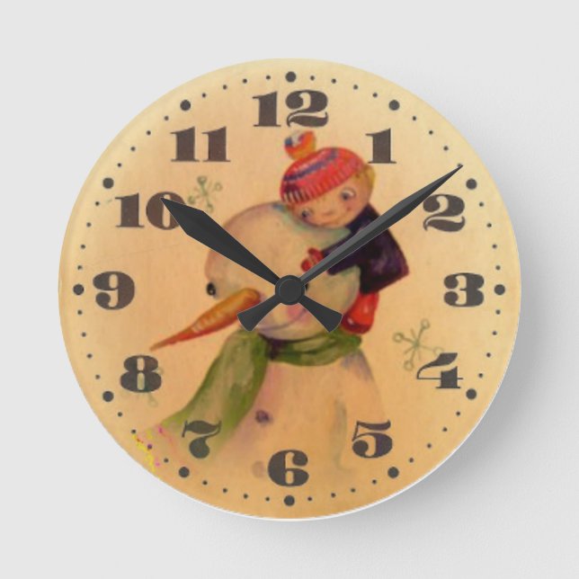 Boy och snögubbe rund klocka (Framsida)