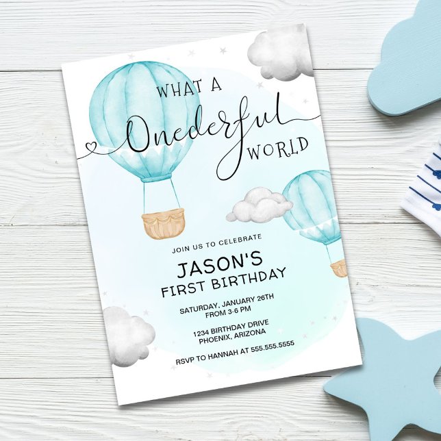 Boy ONEderful World Luftballong First Birthday Inbjudningar (Skapare uppladdad)