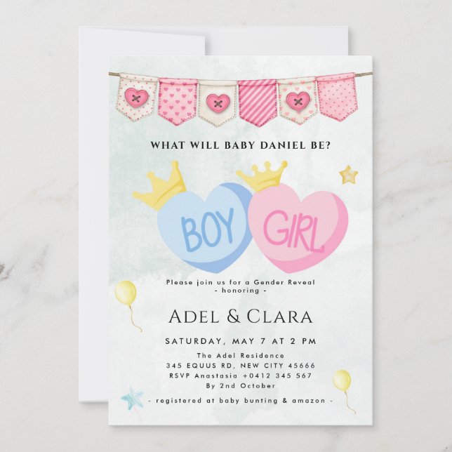 Boy or Girl Gender Reveal Invitation Inbjudningar (Framsida)