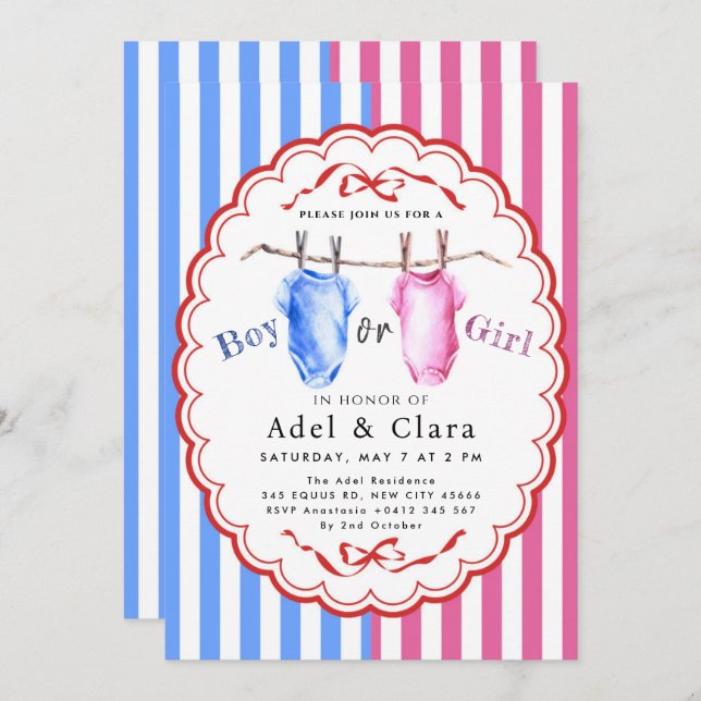 Boy or Girl Gender Reveal Invitation Inbjudningar (Fram/baksida)