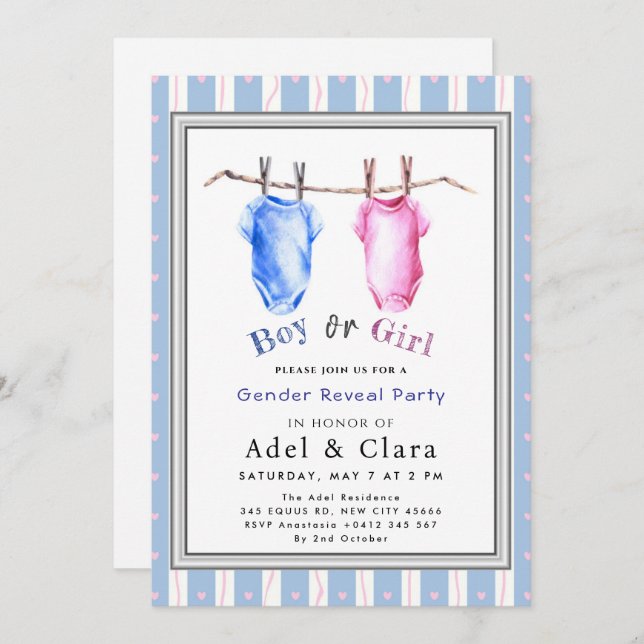 Boy or Girl Gender Reveal Invitation Inbjudningar (Fram/baksida)