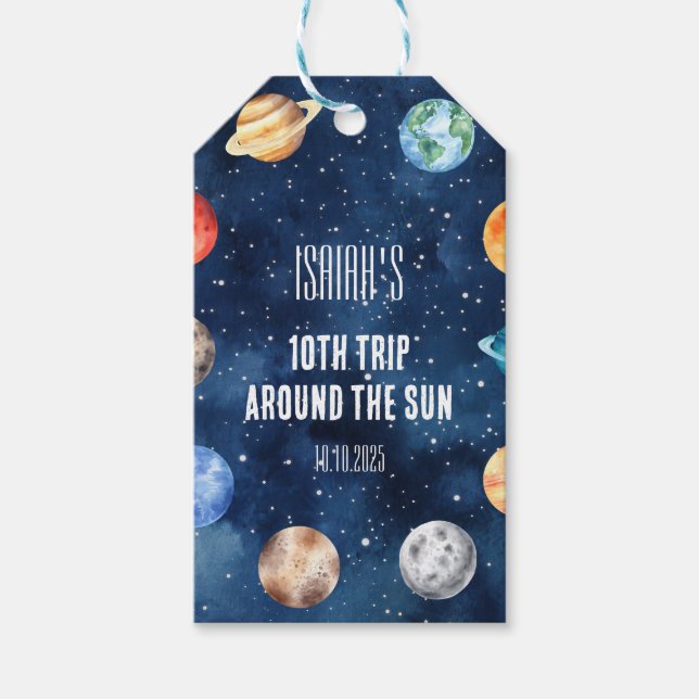 Boy Outer Space 10th Trip Around the Sun Birthday Presentetikett (Framsidan)