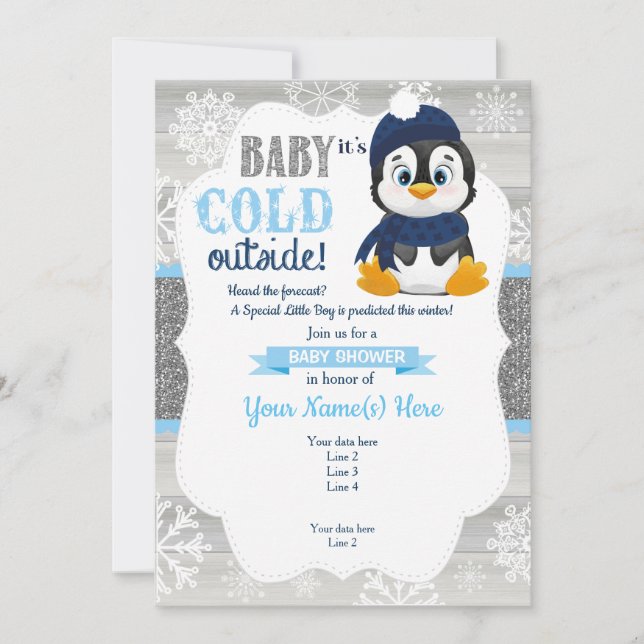 Boy Penguin Winter-inbjudan till Boy Baby Shower Inbjudningar (Framsida)