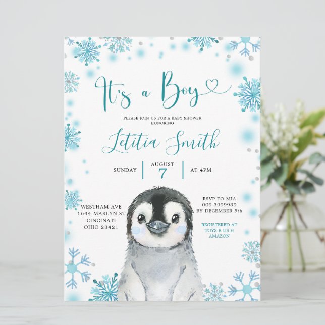 Boy Penguin Winter Snowflake Baby Shower Inbjudan (Stående Fram)