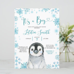 Boy Penguin Winter Snowflake Baby Shower Inbjudan