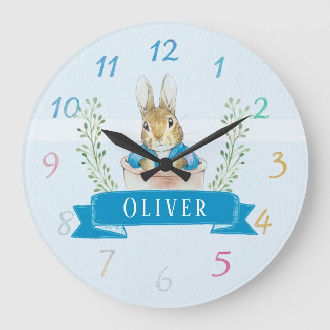 Boy Peter Rabbit Blue Anpassningsbar Large Clock Stor Klocka (Framsida)
