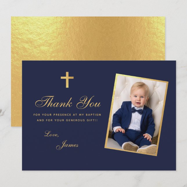 Boy Photo Baptism Faux Gold Foil Navy Blue Script Tack Kort (Fram/baksida)