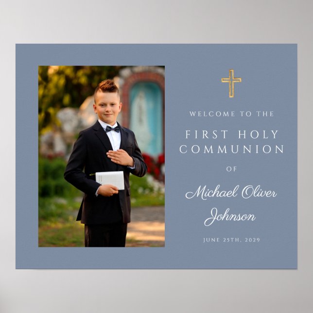 Boy Photo First Communion Dusty Blue Poster (Framsidan)