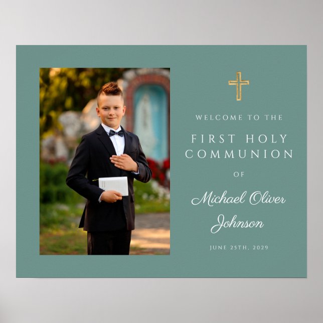 Boy Photo First Communion Grönt Poster (Framsidan)