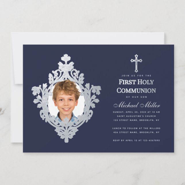 Boy Photo First Communion Navy Blue Faux Silver Inbjudningar (Framsida)