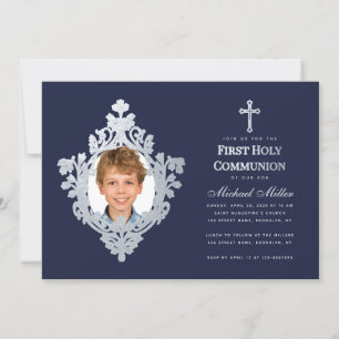 Boy Photo First Communion Navy Blue Faux Silver Inbjudningar