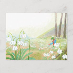 Boy Picking Vår Snöflingor Illustration Helg Vykort