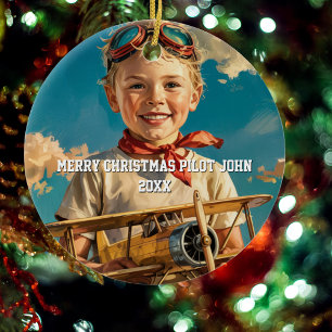 Boy Pilot Aviator & Leksak Airplane Anpassningsbar Julgransprydnad Keramik