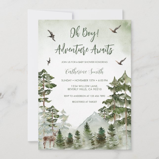 Boy Pine Tree Deer Mountain Forest Baby Shower  Inbjudningar (Framsida)