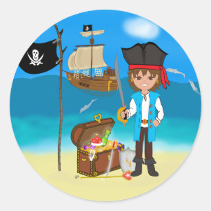 Boy Pirat med Treasure Chest Stickers Runt Klistermärke