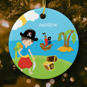 Boy Pirat med Treasure och Parrot-jul Julgransprydnad Keramik