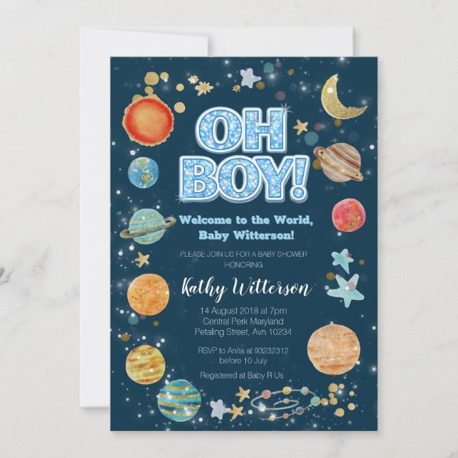Boy Planets Outer Space Baby Shower Invitation Inbjudningar (Framsida)