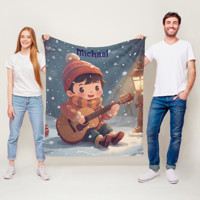 boy playing guitar Christmas Fleece Blanket (På plats)