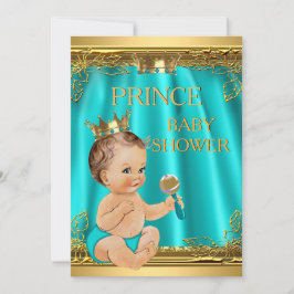 Boy Prince Baby Shower Aqua Teal Brunette baby Inbjudningar