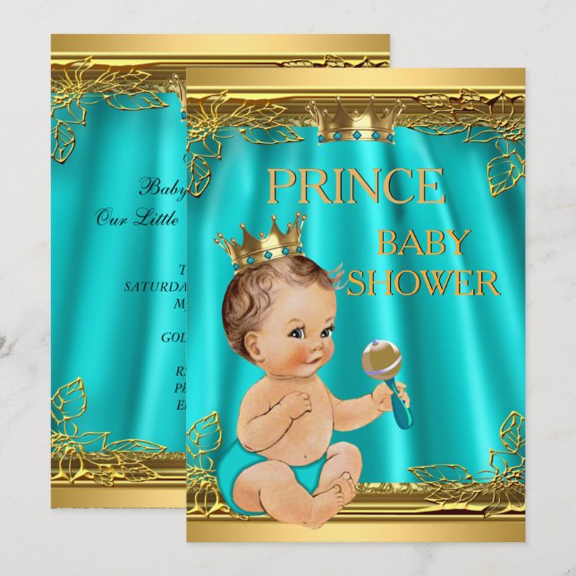 Boy Prince Baby Shower Aqua Teal Brunette baby Inbjudningar (Fram/baksida)