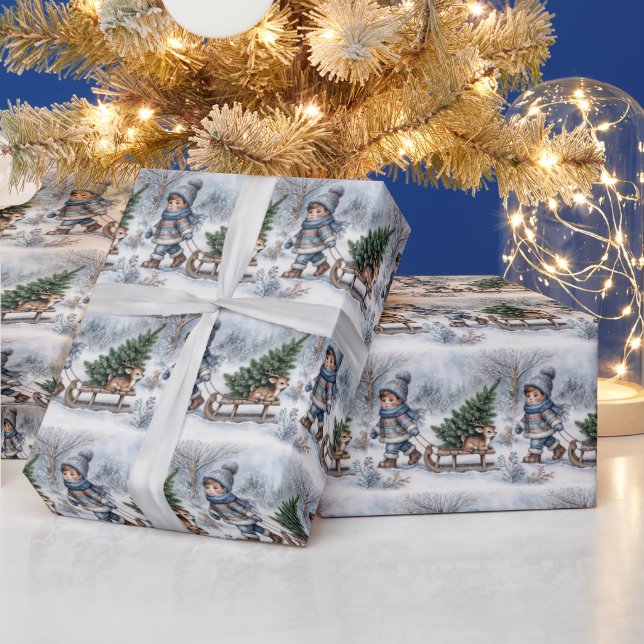 Boy Pulling a en gammaldags Sled med Gräs Träd Presentpapper (Helgdagar)