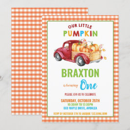 Boy Pumpkin 1st Birthday Party Red Harvest Lastbil Inbjudningar