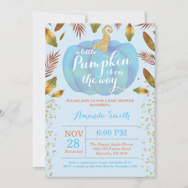 Boy Pumpkin Fall Baby Shower-inbjudan till Guld Inbjudningar (Framsida)