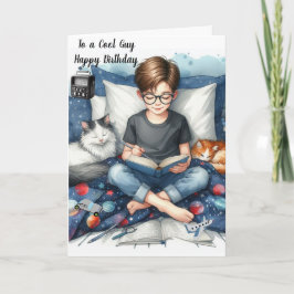 Boy Reading Bokar med katter Birthday Kort