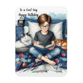 Boy Reading Bokar med katter Birthday Magnet