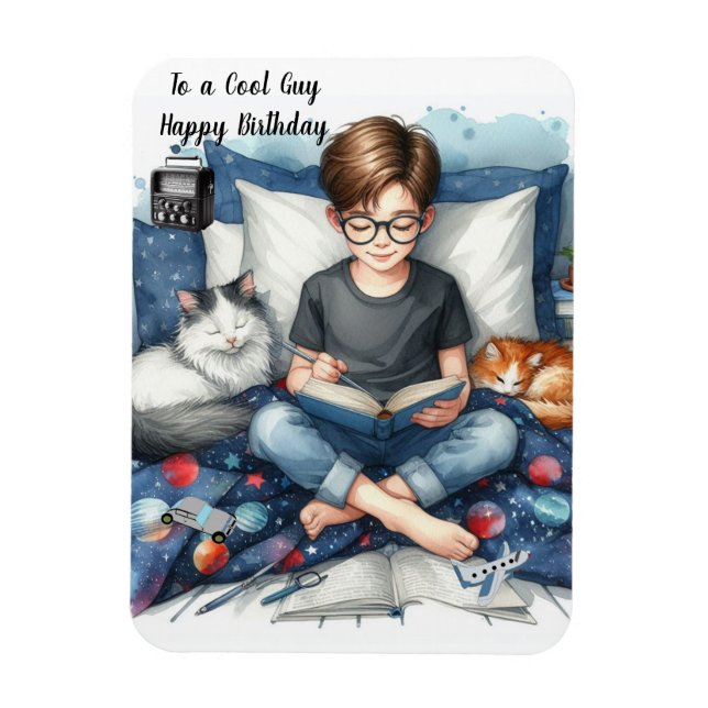 Boy Reading Bokar med katter Birthday Magnet (Vertikal)