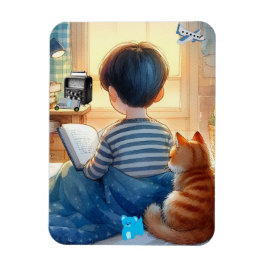 Boy Reading Bokar med sin katt Magnet