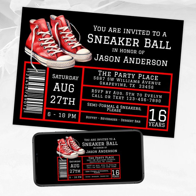 Boy Red Black Sneaker Boll Födelsedagsfest Inbjudningar (Red black sneaker ball invitation with red sneakers. Available for instant download and print.)