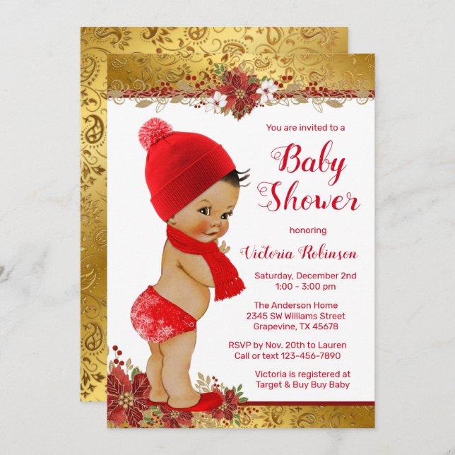 Boy Red Guld jul Baby Shower Ethnic Inbjudningar (Fram/baksida)