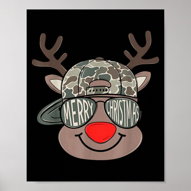 Boy Reindeer Hat Camo Hat Merry Christmas Xmas Boy Poster (Framsidan)