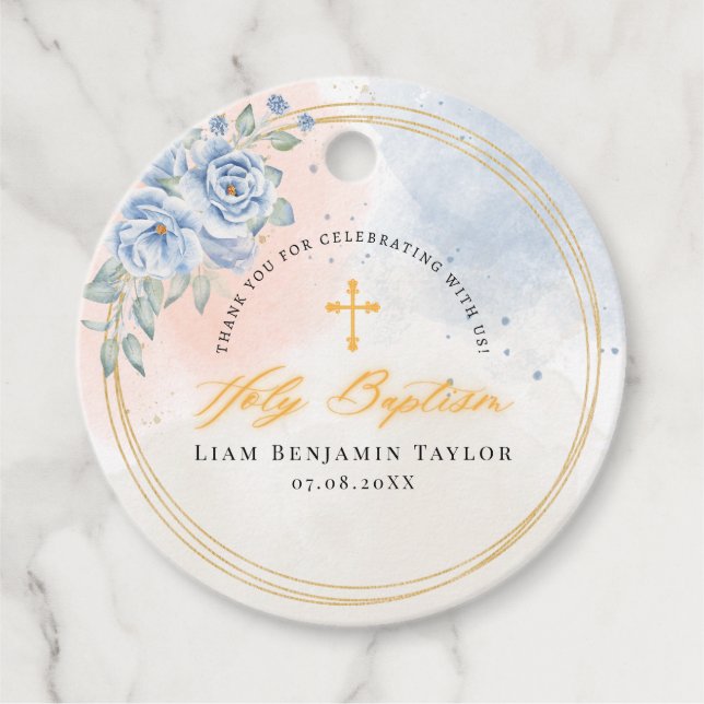Boy religiösa baptism blommigt vattencolor modern gåvor etiketter (Framsida)