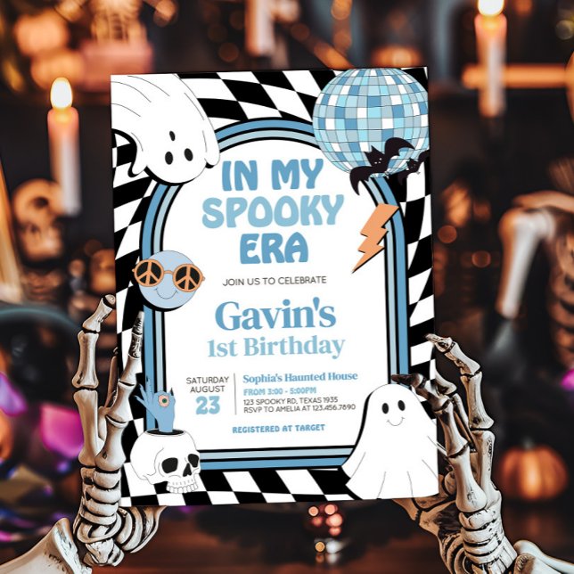 Boy Retro Ghost Halloween Birthday Inbjudningar (Blue Retro Ghost Halloween In My Spooky Era Birthday Invitation)