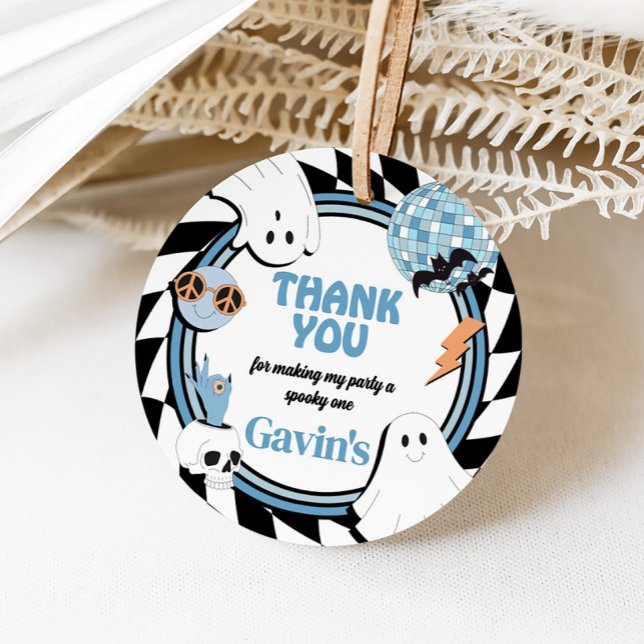 Boy Retro Ghost Halloween Birthday Round Gåvor Etiketter (Blue Retro Ghost Halloween In My Spooky Era Birthday Round Favor Tags)