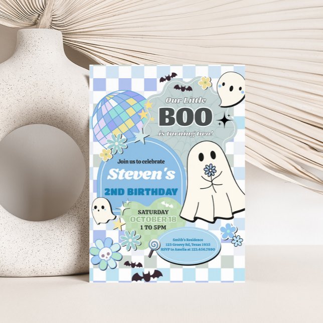 Boy Retro Groovy Little Boo Födelsedagsfest Inbjudningar (Retro Groovy Little Boo Birthday Party Invitation)