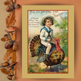 Boy Riding Turkey Anpassningsbar Vintage Thanksgiv Helgkort